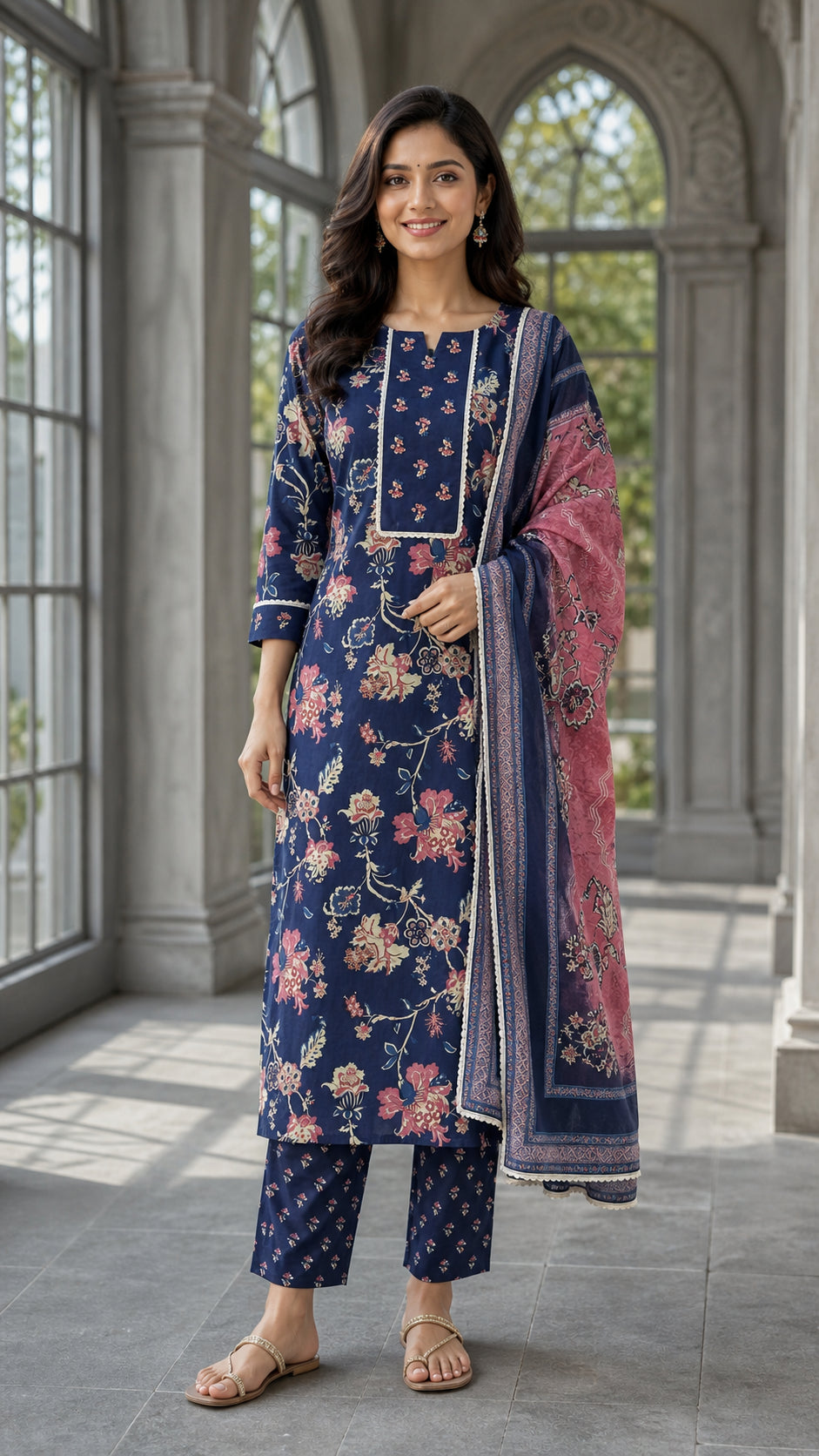 Peachmode Navy Blue Pure Cotton Floral Printed Salwar Suit - Image 1