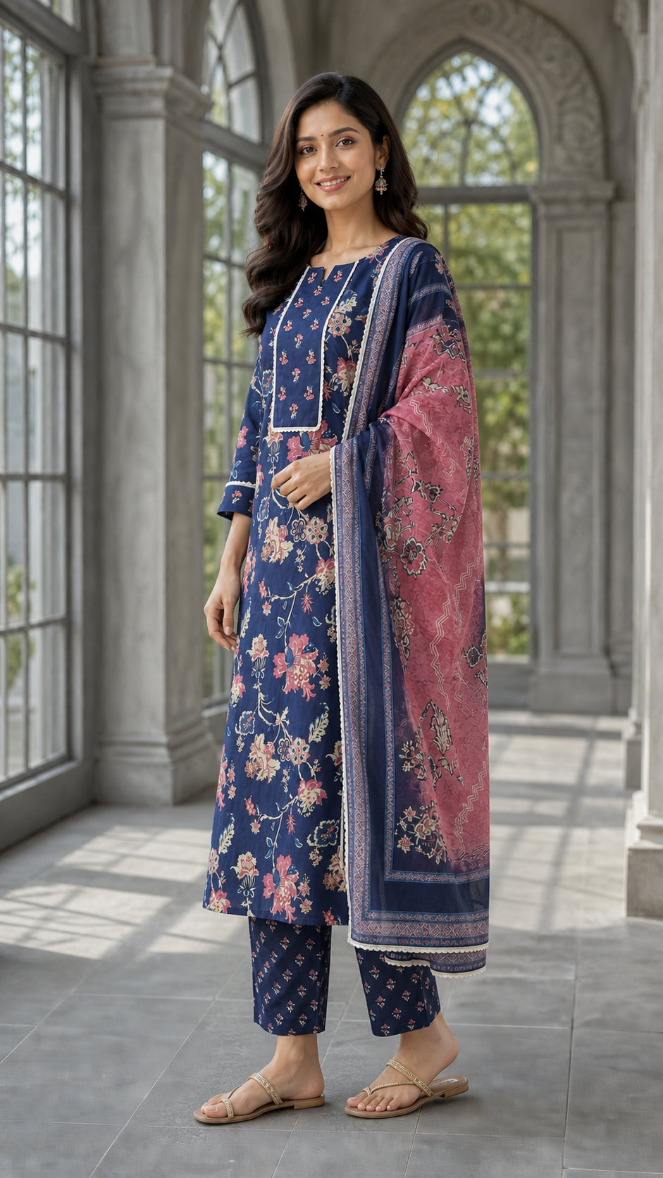 Peachmode Navy Blue Pure Cotton Floral Printed Salwar Suit - Image 3