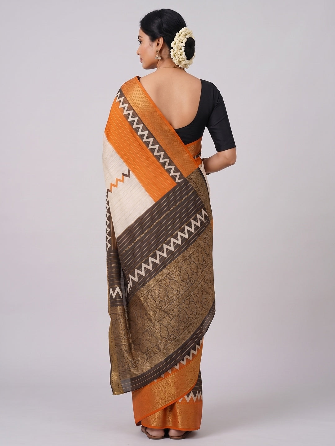 Elegant Brown & Orange Striped Weaving Georgette Saree Enhanced With Zig Zag Print Work - Image 5