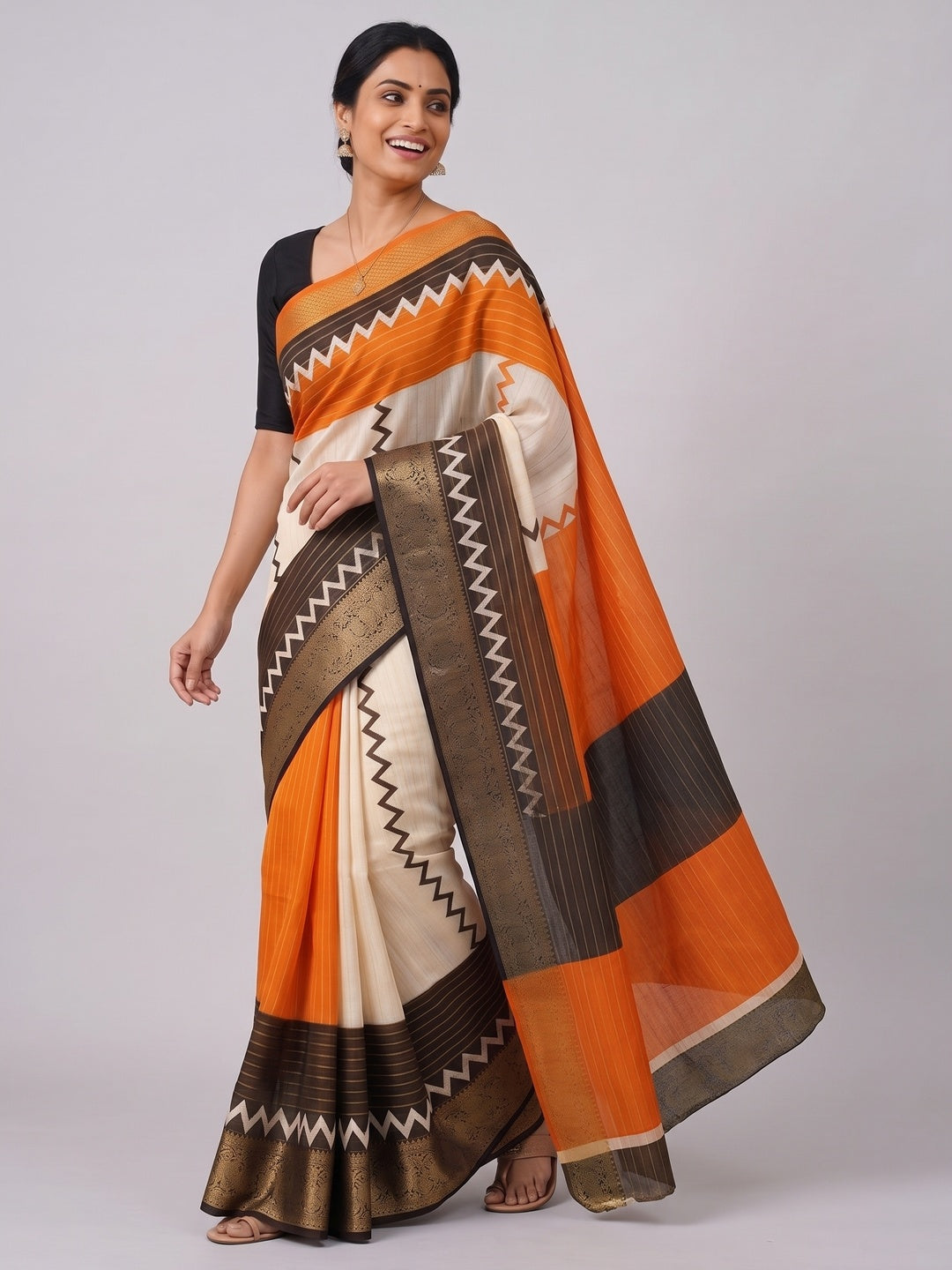 Elegant Brown & Orange Striped Weaving Georgette Saree Enhanced With Zig Zag Print Work - Image 7
