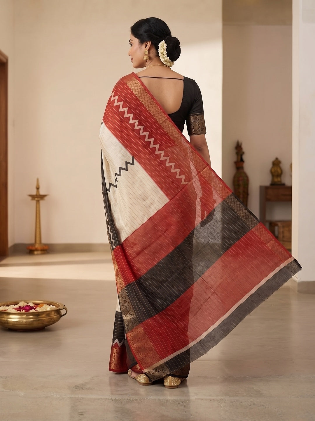 Elegant Black & Red Striped Weaving Georgette Saree Enhanced With Zig Zag Print Work - Image 5