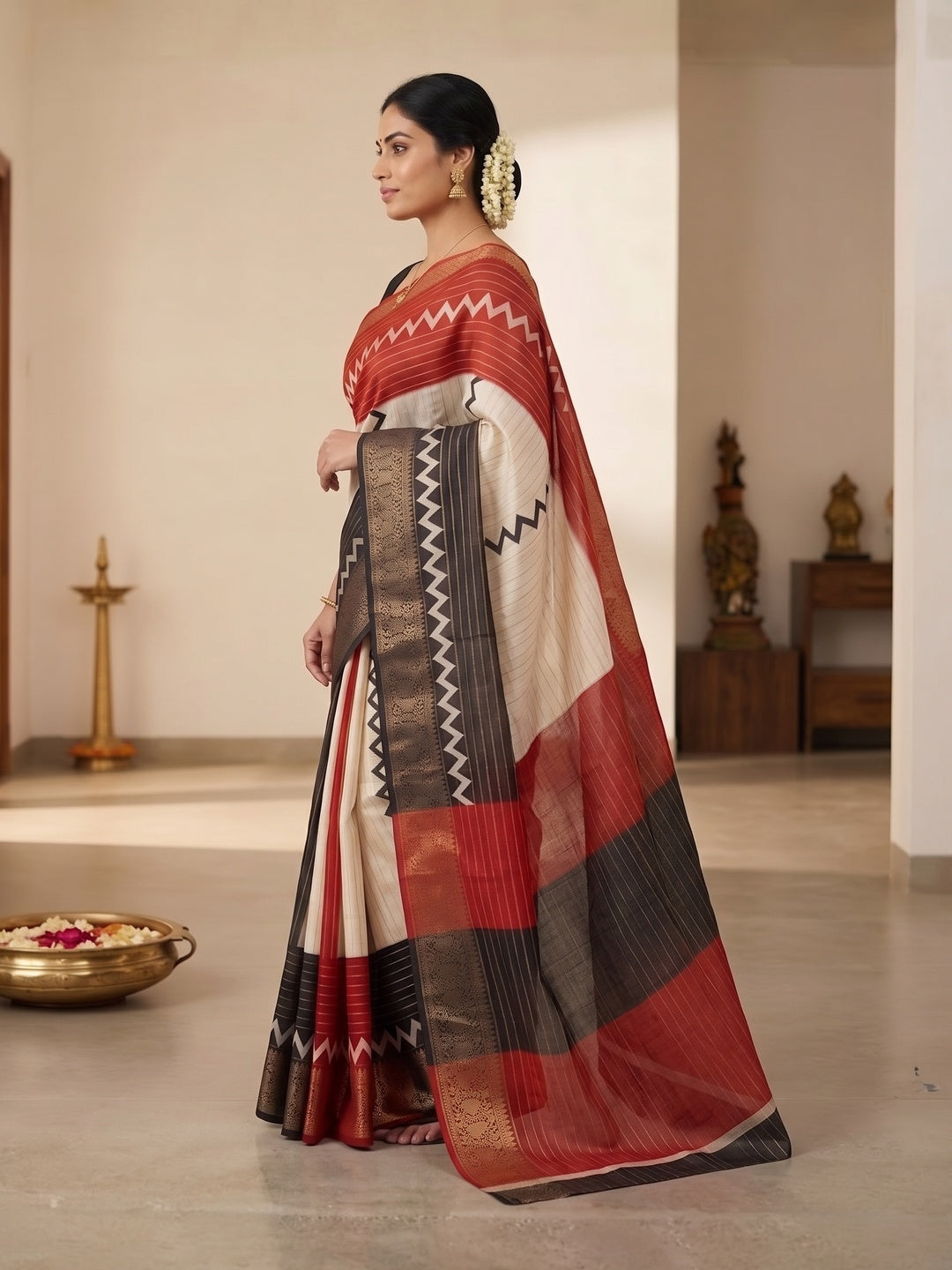Elegant Black & Red Striped Weaving Georgette Saree Enhanced With Zig Zag Print Work - Image 6