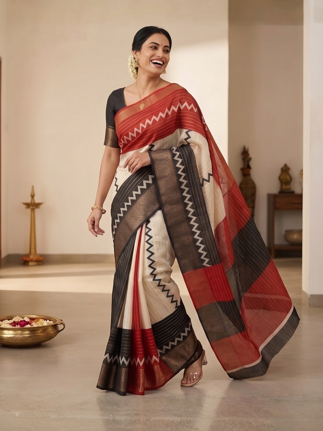 Elegant Black & Red Striped Weaving Georgette Saree Enhanced With Zig Zag Print Work - Image 7