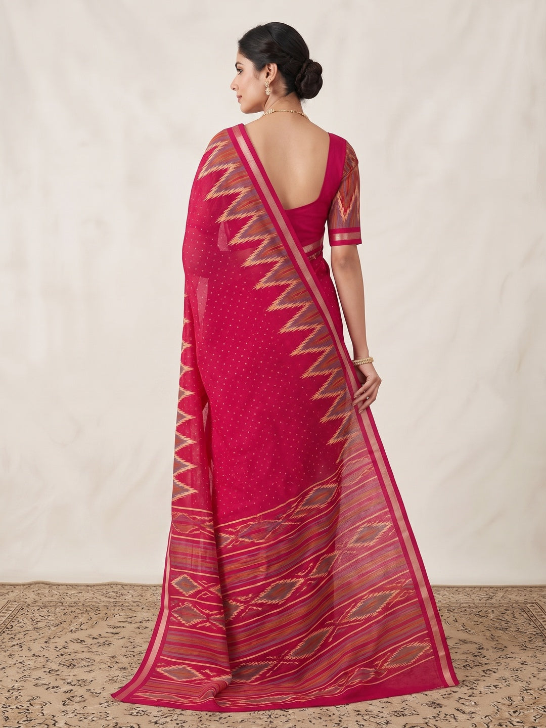 Classic Pink Ikkat Printed Mulmul Cotton Saree With Elegant Zari Weaving Border - Image 4