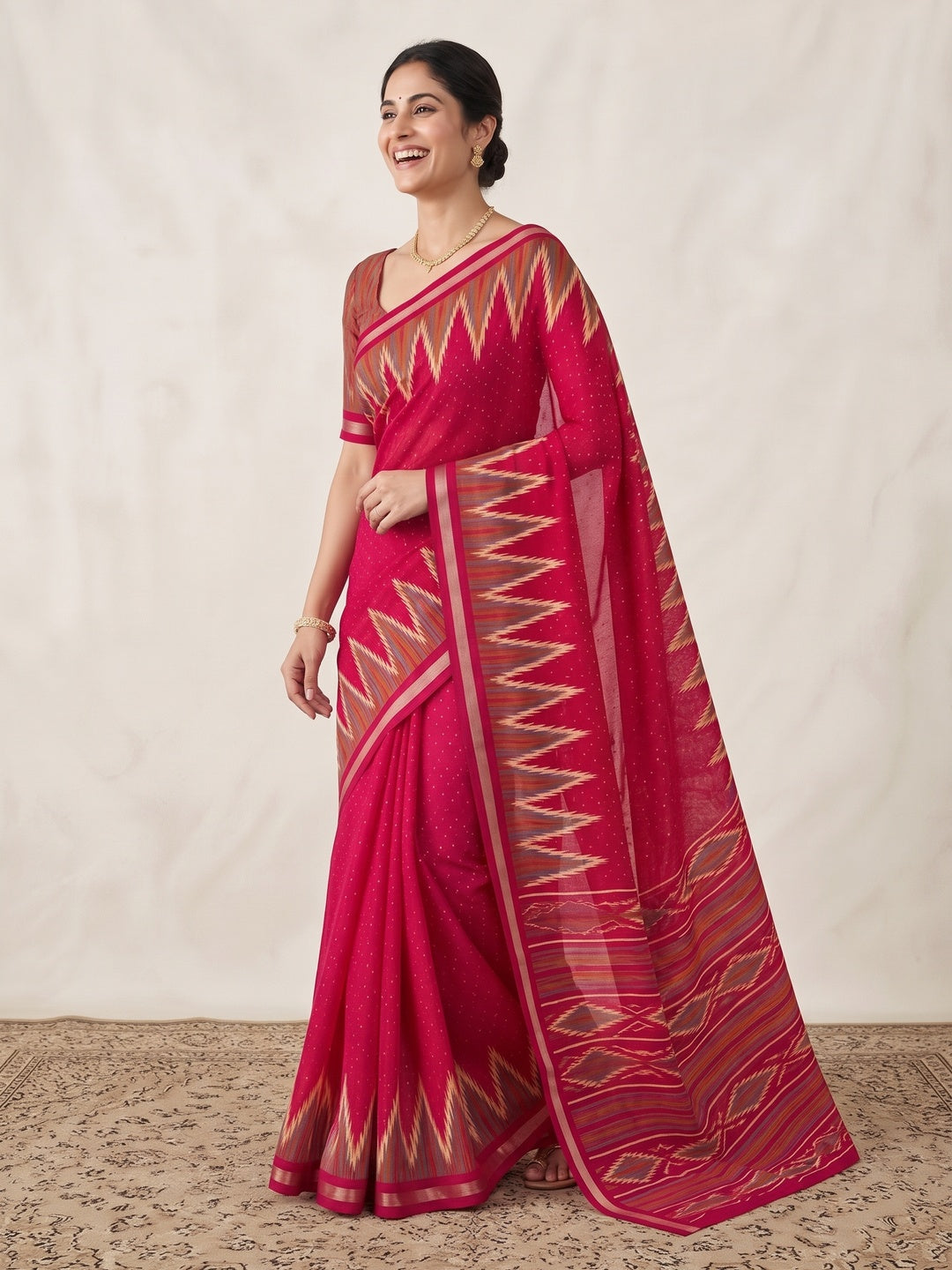 Classic Pink Ikkat Printed Mulmul Cotton Saree With Elegant Zari Weaving Border - Image 6