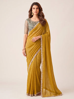 Mustard Sequins Embroidered Georgette Saree - Image 1