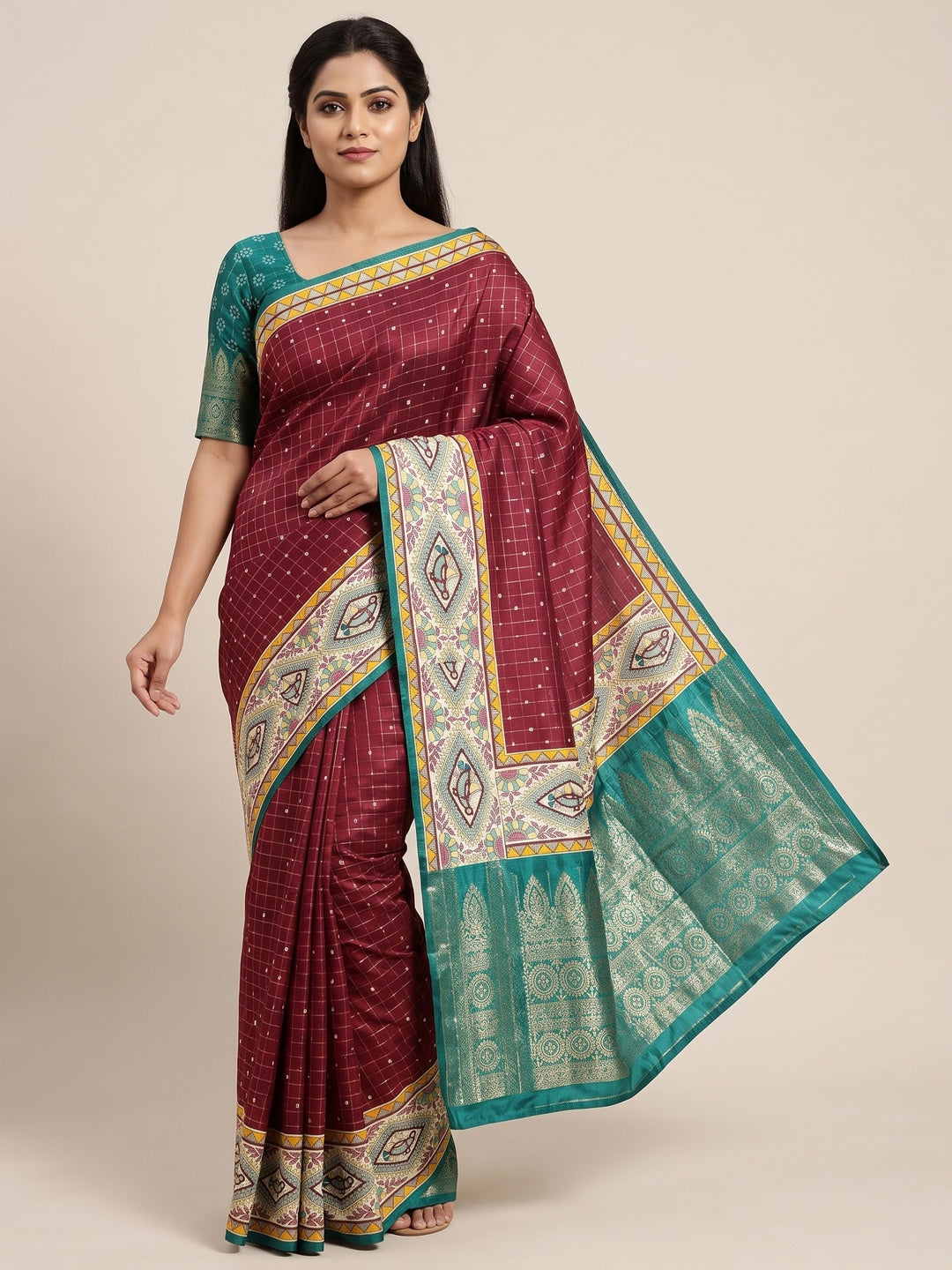 Maroon Madhubani Work Woven Dola Silk Saree - Image 1