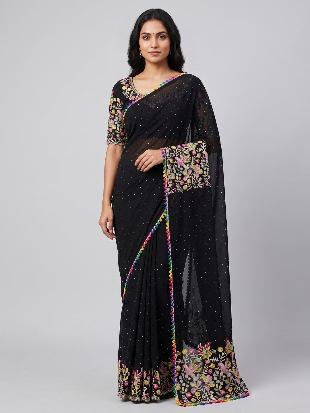 Black Swarovski Work Embroidered Georgette Saree - Image 1