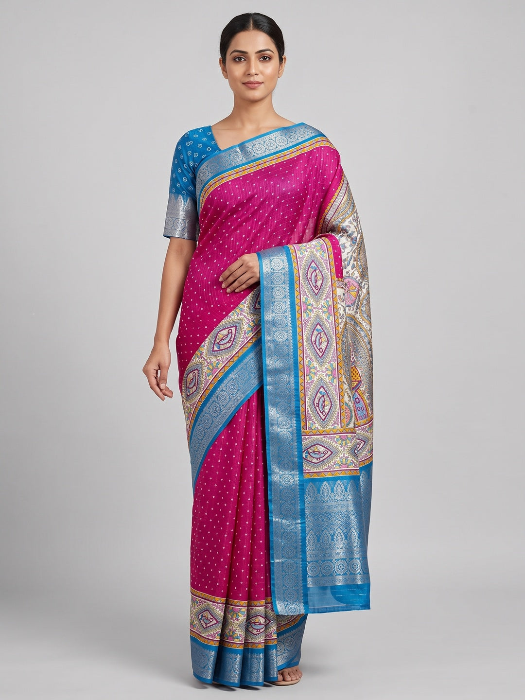Pink Madhubani Work Woven Dola Silk Saree - Image 1