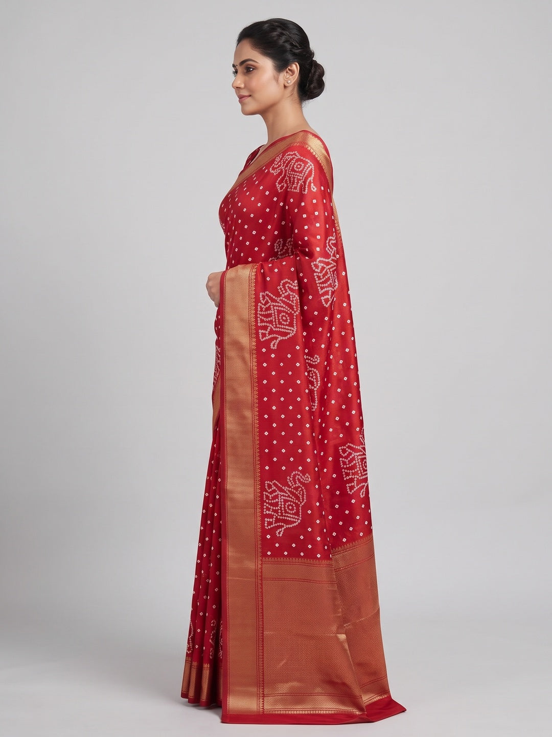 Red Dola Silk Saree Featuring Traditional Bandhani Print & Elegant Weaving Border - Image 4