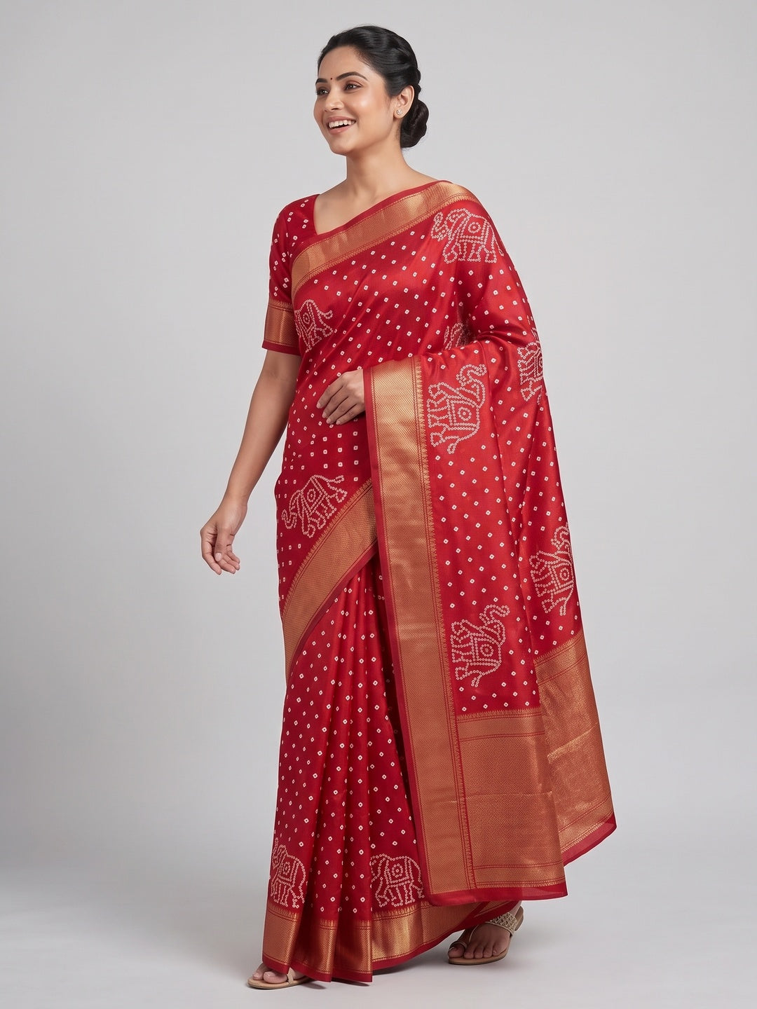 Red Dola Silk Saree Featuring Traditional Bandhani Print & Elegant Weaving Border - Image 5