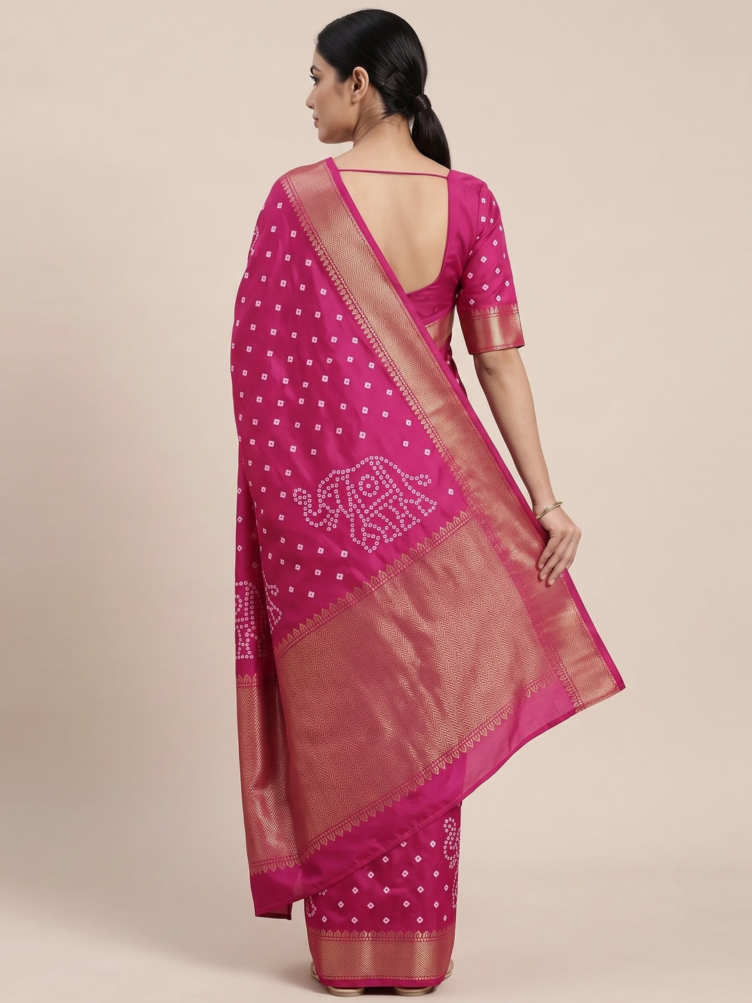 Pink Dola Silk Saree Featuring Traditional Bandhani Print & Elegant Weaving Border - Image 2