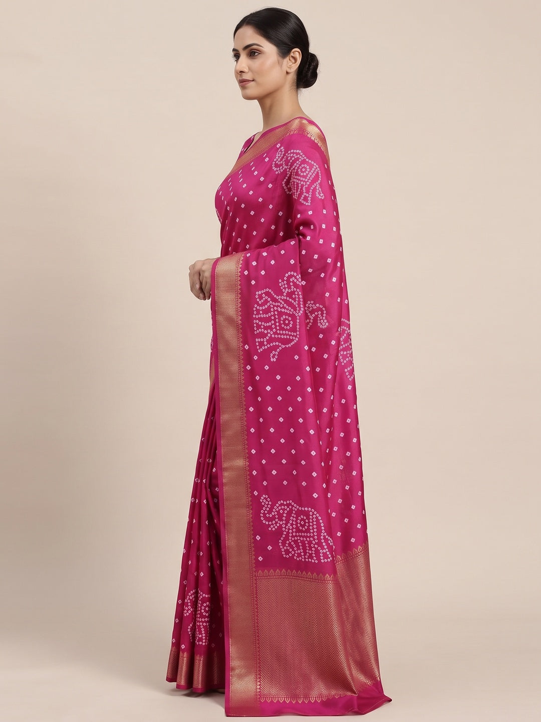 Pink Dola Silk Saree Featuring Traditional Bandhani Print & Elegant Weaving Border - Image 3