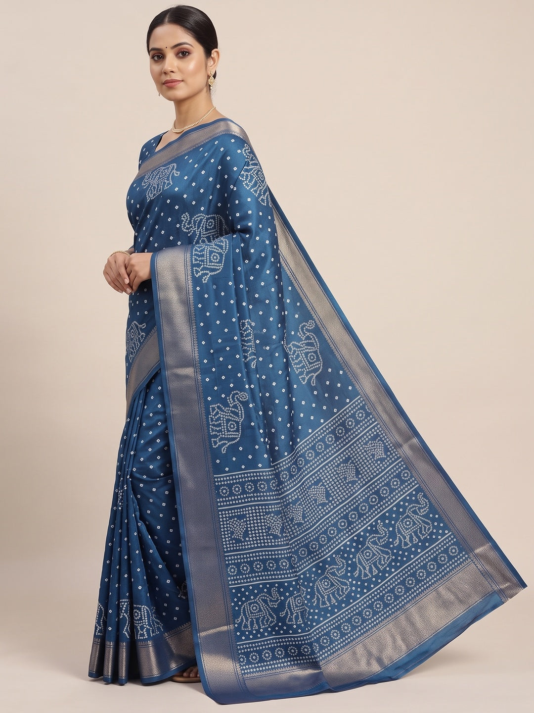 Blue Dola Silk Saree Featuring Traditional Bandhani Print & Elegant Weaving Border - Image 3