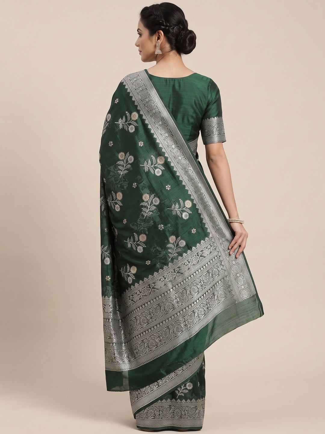 Festive Wear Deep Emerald Green Banarasi Silk Saree with Floral Zari Work - Image 2