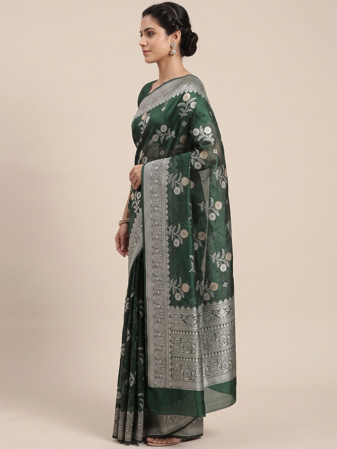 Festive Wear Deep Emerald Green Banarasi Silk Saree with Floral Zari Work - Image 3