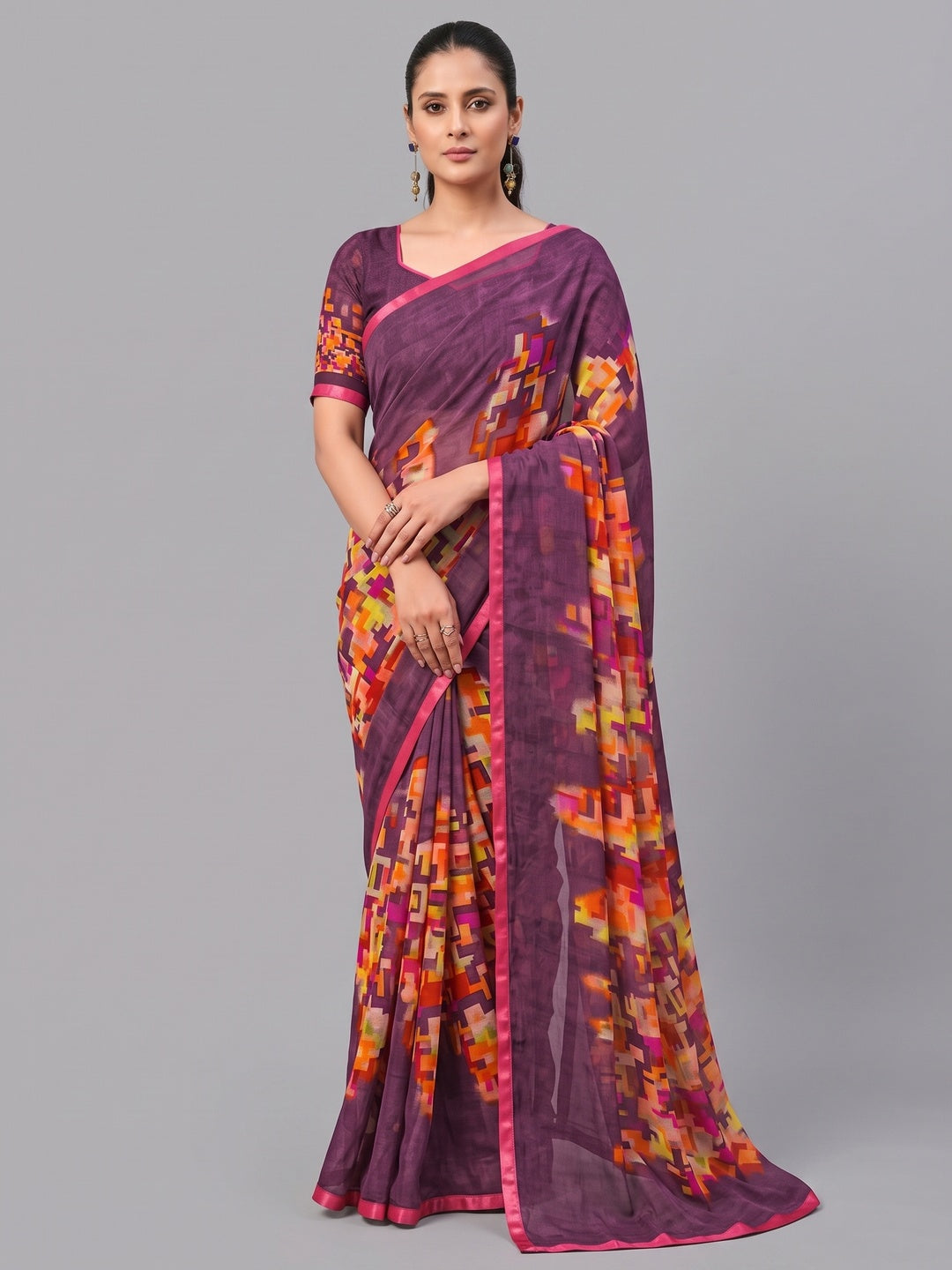 Purple Printed Georgette Saree - Image 2