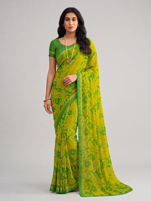 Lemon Green Floral Printed Georgette Saree - Image 1