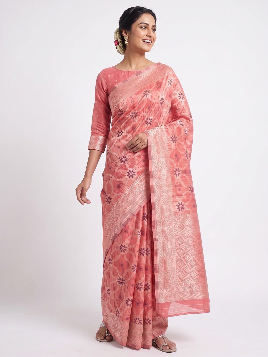 Rich Gajri Pink Saree in Banarasi Silk with Heritage Floral Zari Design - Image 4