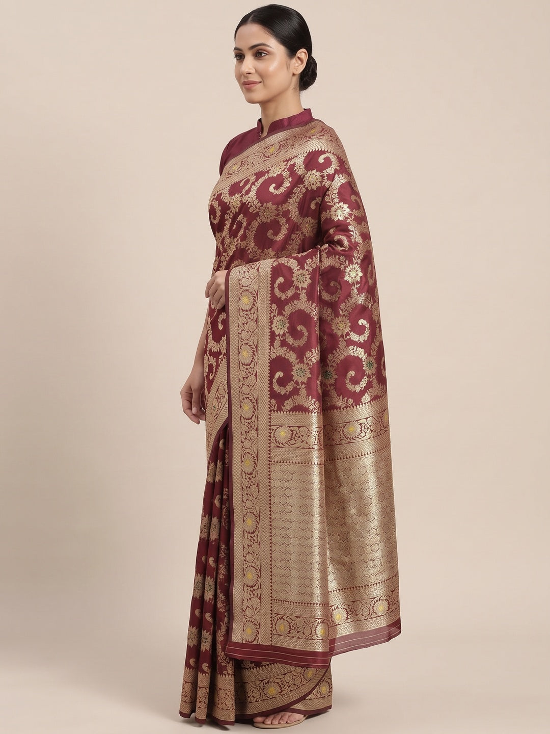 Wine Pure Silk Drape Featuring Traditional Heavy Zari Weaving for a Royal Look - Image 3