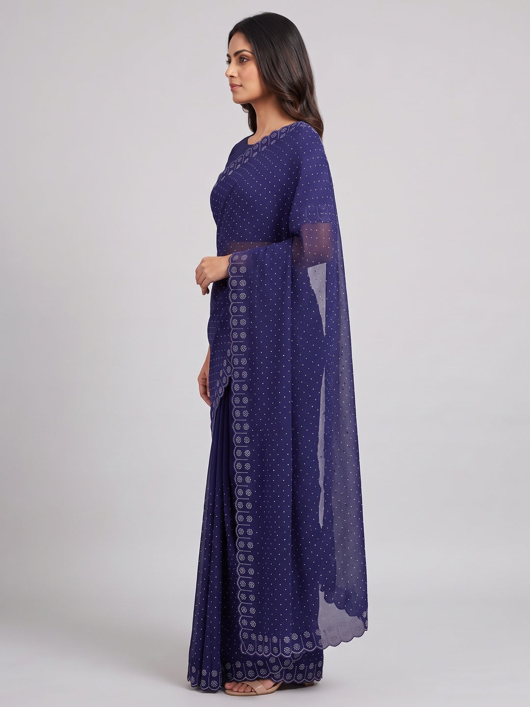 Chiffon Saree in Blue with Sparkling Stone Work Finish - Image 3