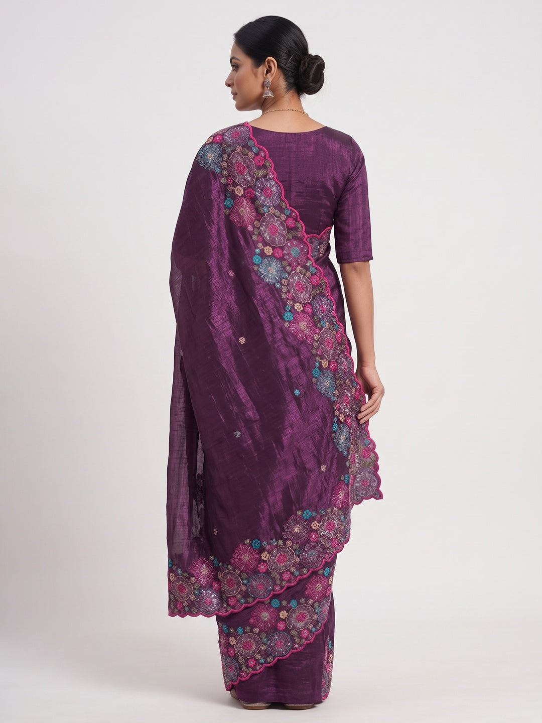 Purple Sheer Chiffon Saree with Artistic Floral Sequins Work - Image 2