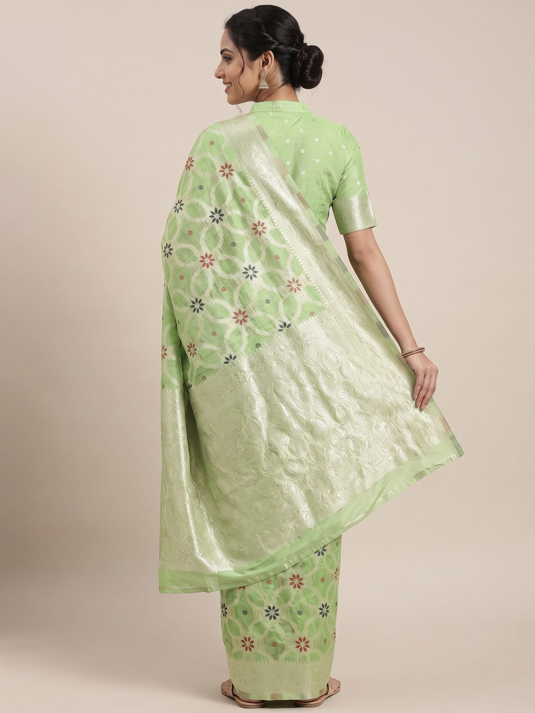 Rich Light Green Saree in Banarasi Silk with Heritage Floral Zari Design - Image 2
