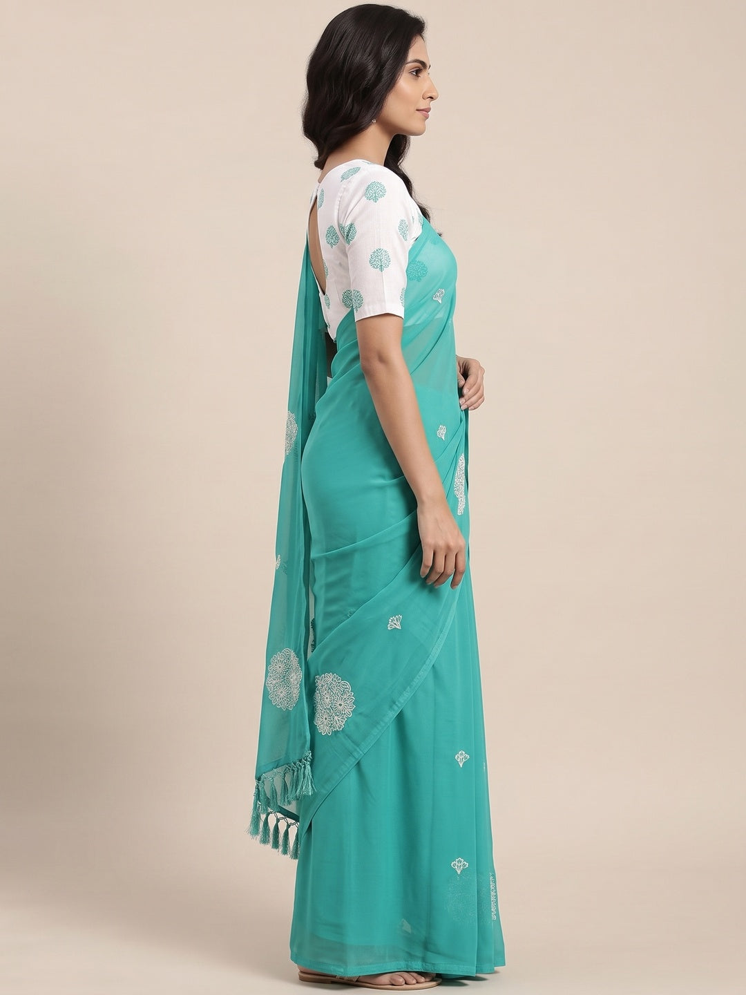Turquoise Embroidered Chiffon Saree With Elegant Tassel Borders - Image 3
