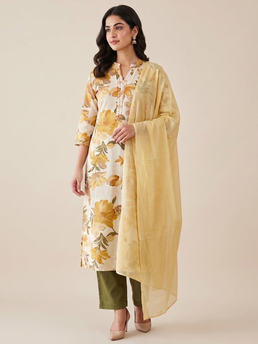Yellow Floral Printed Salwar Suit Set with Chanderi Dupatta - Image 3