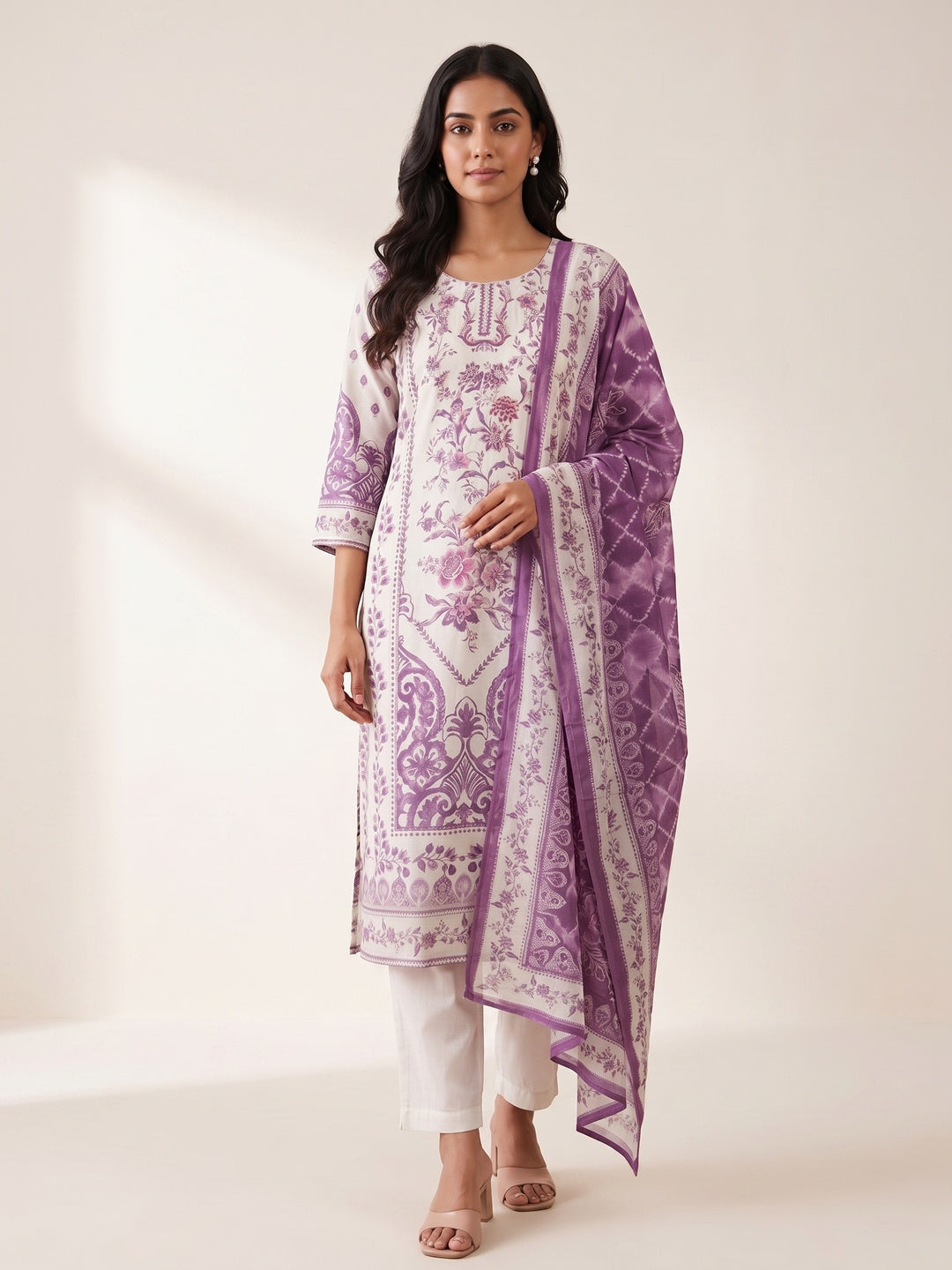 Off White Muslin Purple Floral Printed Salwar Suit Set - Image 4
