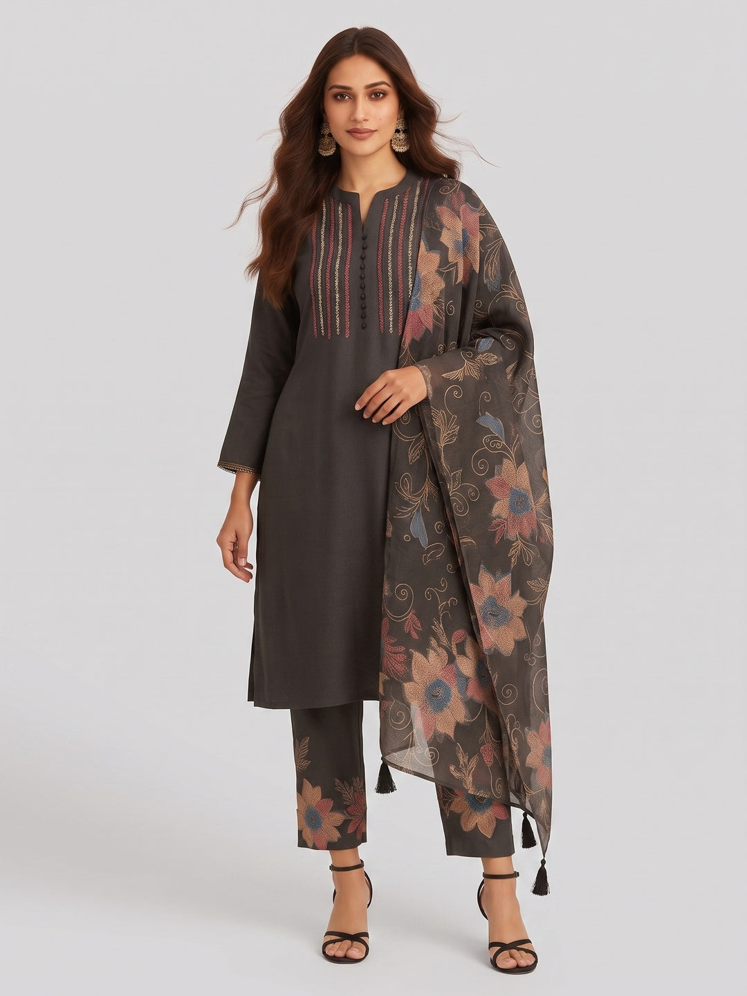 Grey Straight Salwar Suit in Viscose with Neck Embroidery Accents - Image 3