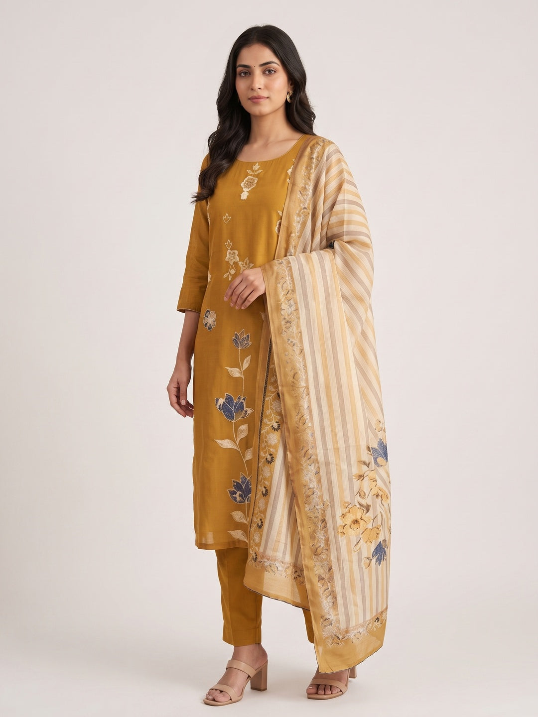 Mustard Mul Chanderi Embroidered Salwar Suit Set - Image 3