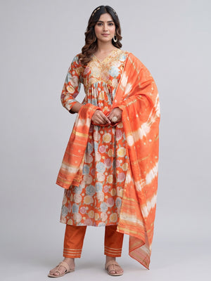 Orange Floral Printed Modal Anarkali Salwar Suit - Image 1