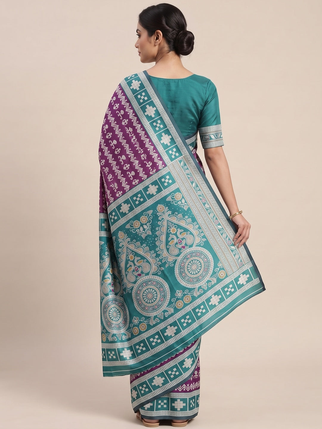 Purple Weaving Cotton Silk Saree With Contrasting Floral & Peacock Design Pallu - Image 3
