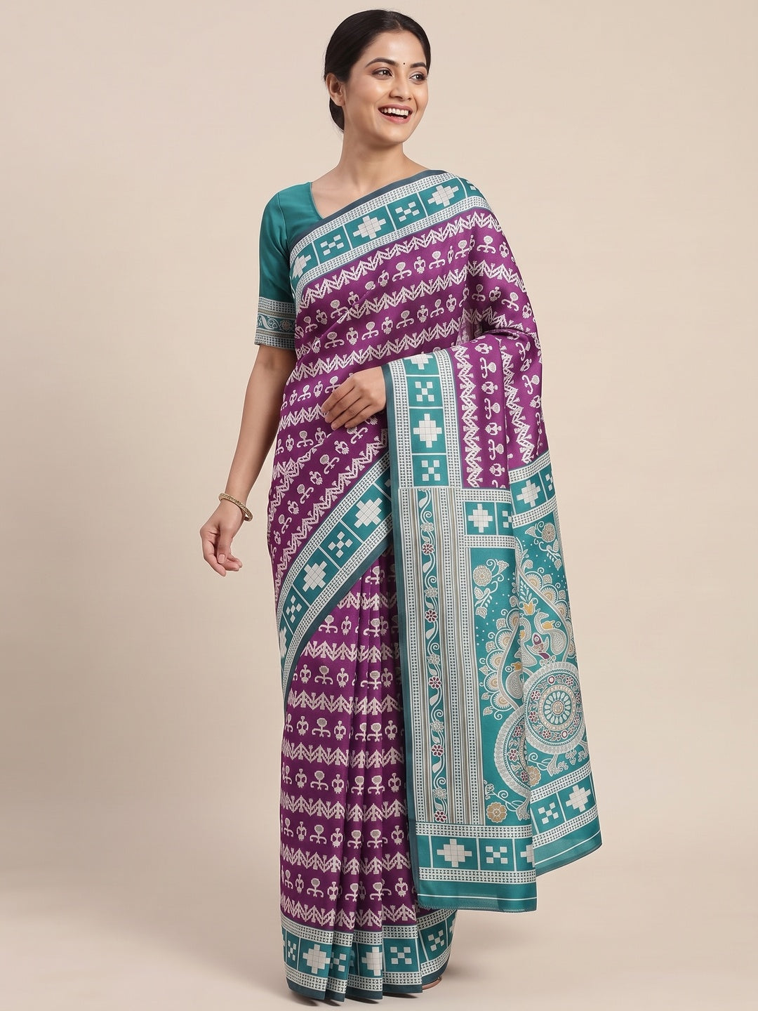 Purple Weaving Cotton Silk Saree With Contrasting Floral & Peacock Design Pallu - Image 5