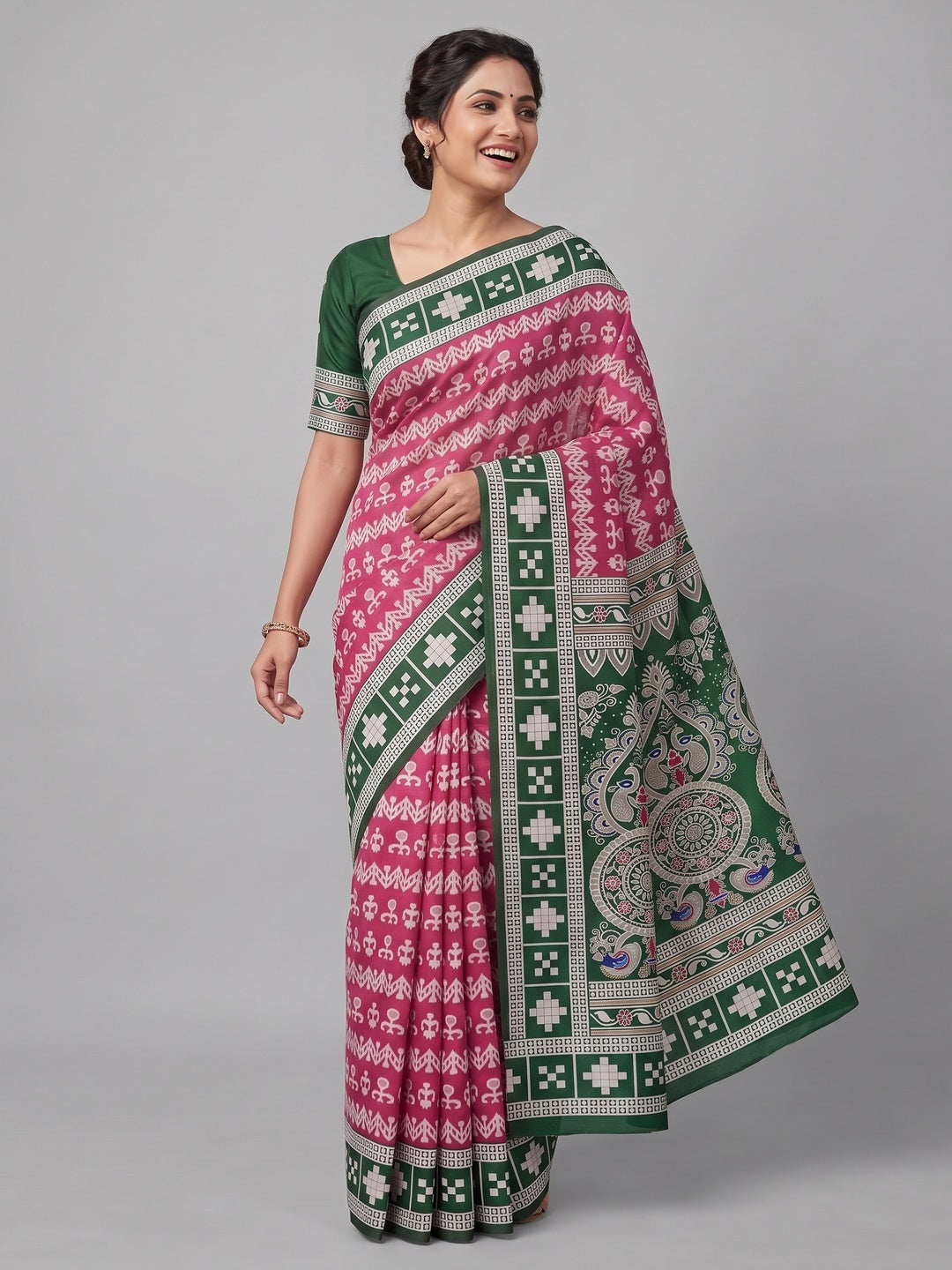 Pink Weaving Cotton Silk Saree With Contrasting Floral & Peacock Design Pallu - Image 4