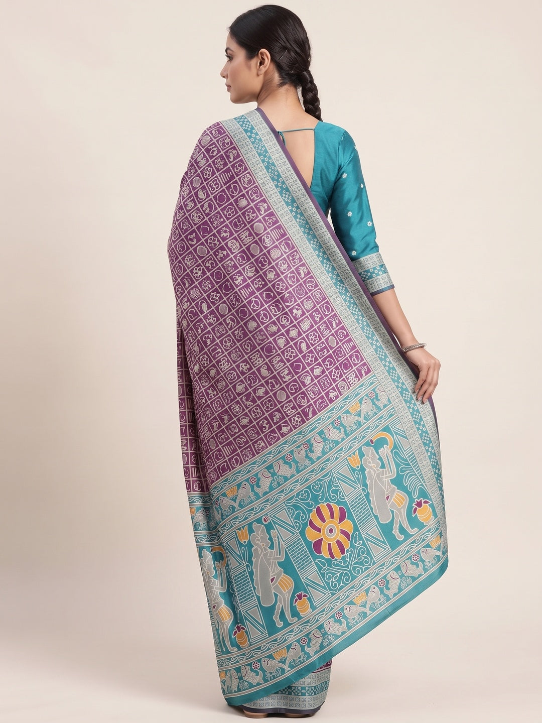 Elegant Purple Weaving Cotton Silk Saree Accented With Detailed Madhubani Folk Art Work - Image 3
