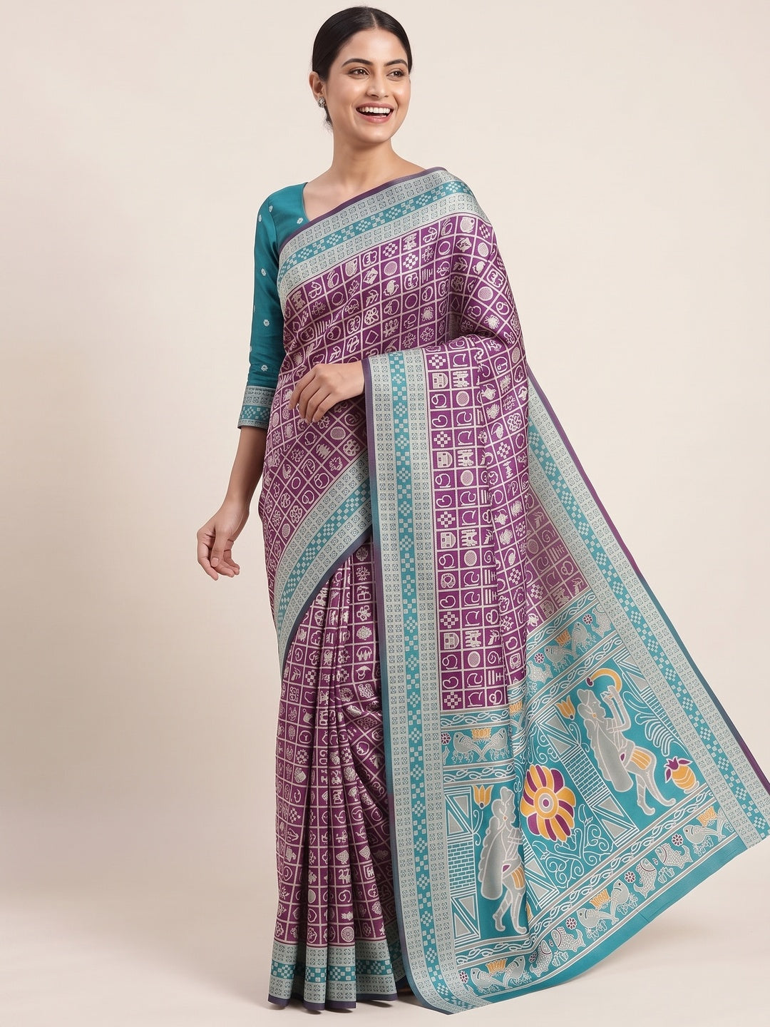 Elegant Purple Weaving Cotton Silk Saree Accented With Detailed Madhubani Folk Art Work - Image 5