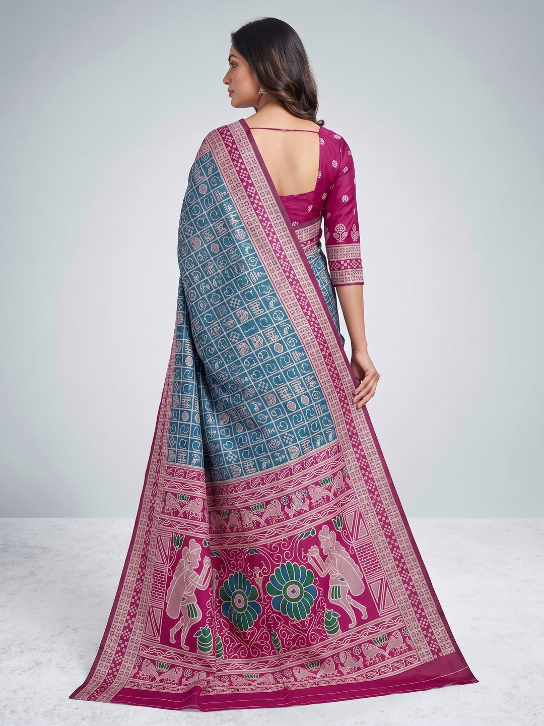 Elegant Blue Weaving Cotton Silk Saree Accented With Detailed Madhubani Folk Art Work - Image 3
