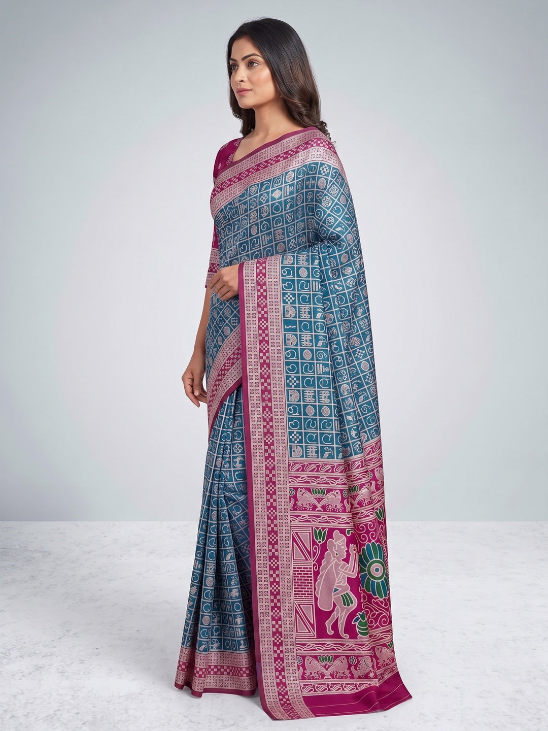 Elegant Blue Weaving Cotton Silk Saree Accented With Detailed Madhubani Folk Art Work - Image 4