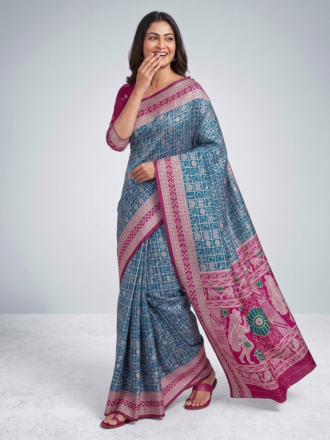 Elegant Blue Weaving Cotton Silk Saree Accented With Detailed Madhubani Folk Art Work - Image 5
