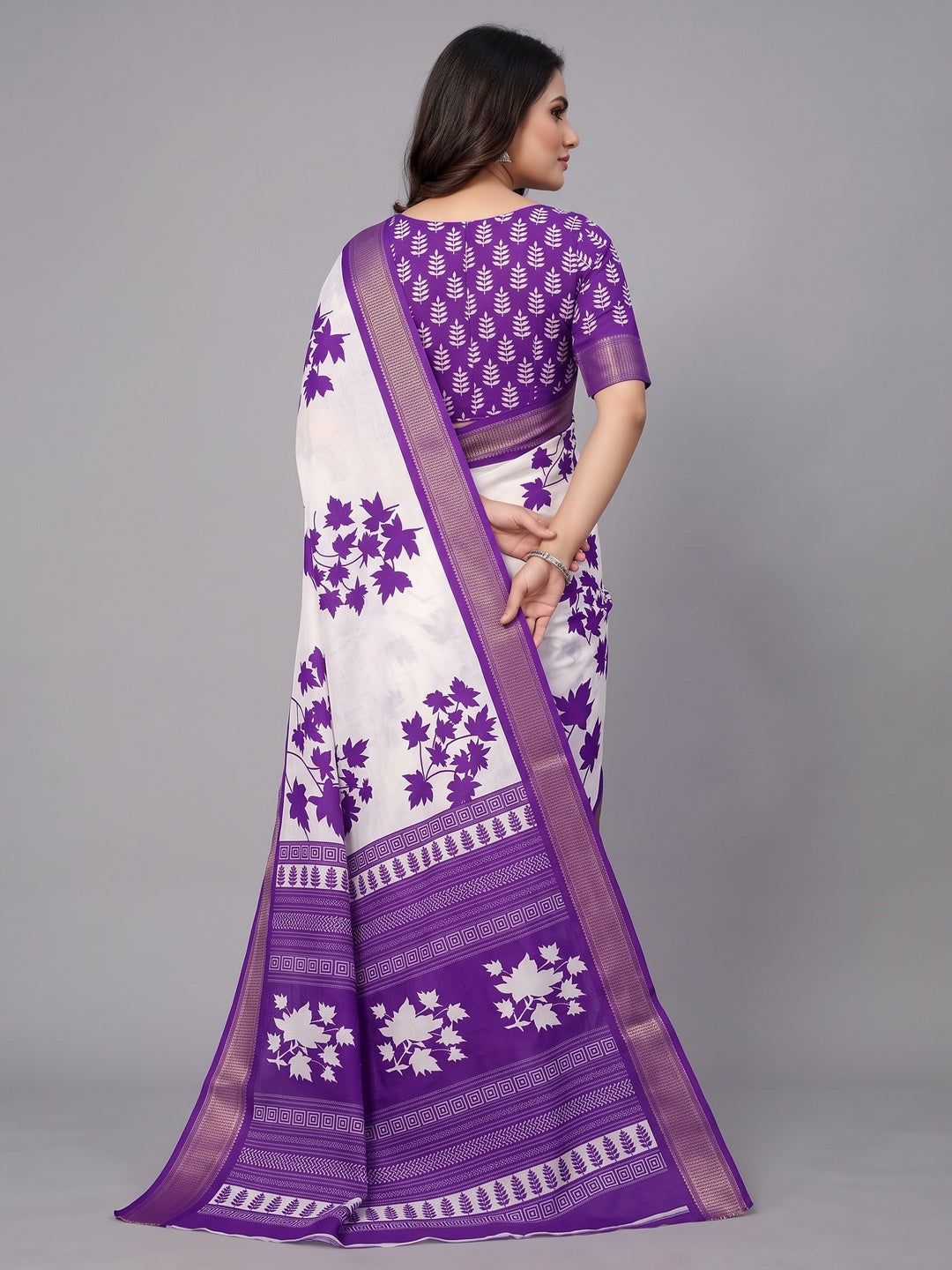 White & Purple Floral Printed Dola Silk Saree With Woven Border - Image 2
