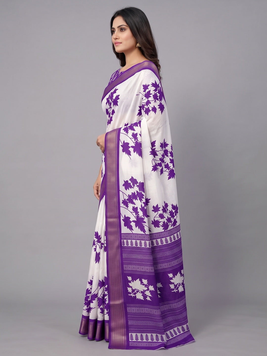 White & Purple Floral Printed Dola Silk Saree With Woven Border - Image 3