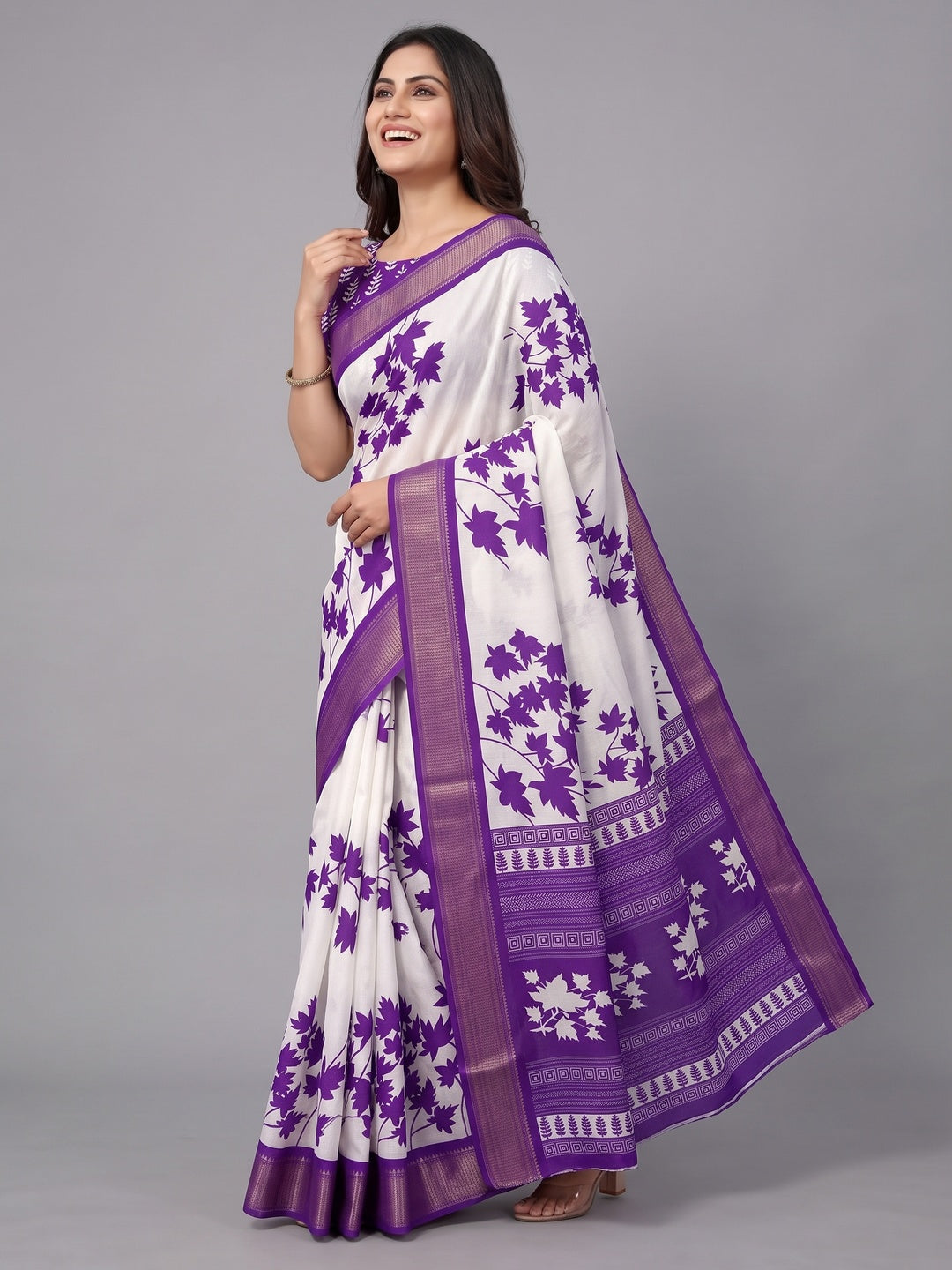 White & Purple Floral Printed Dola Silk Saree With Woven Border - Image 4