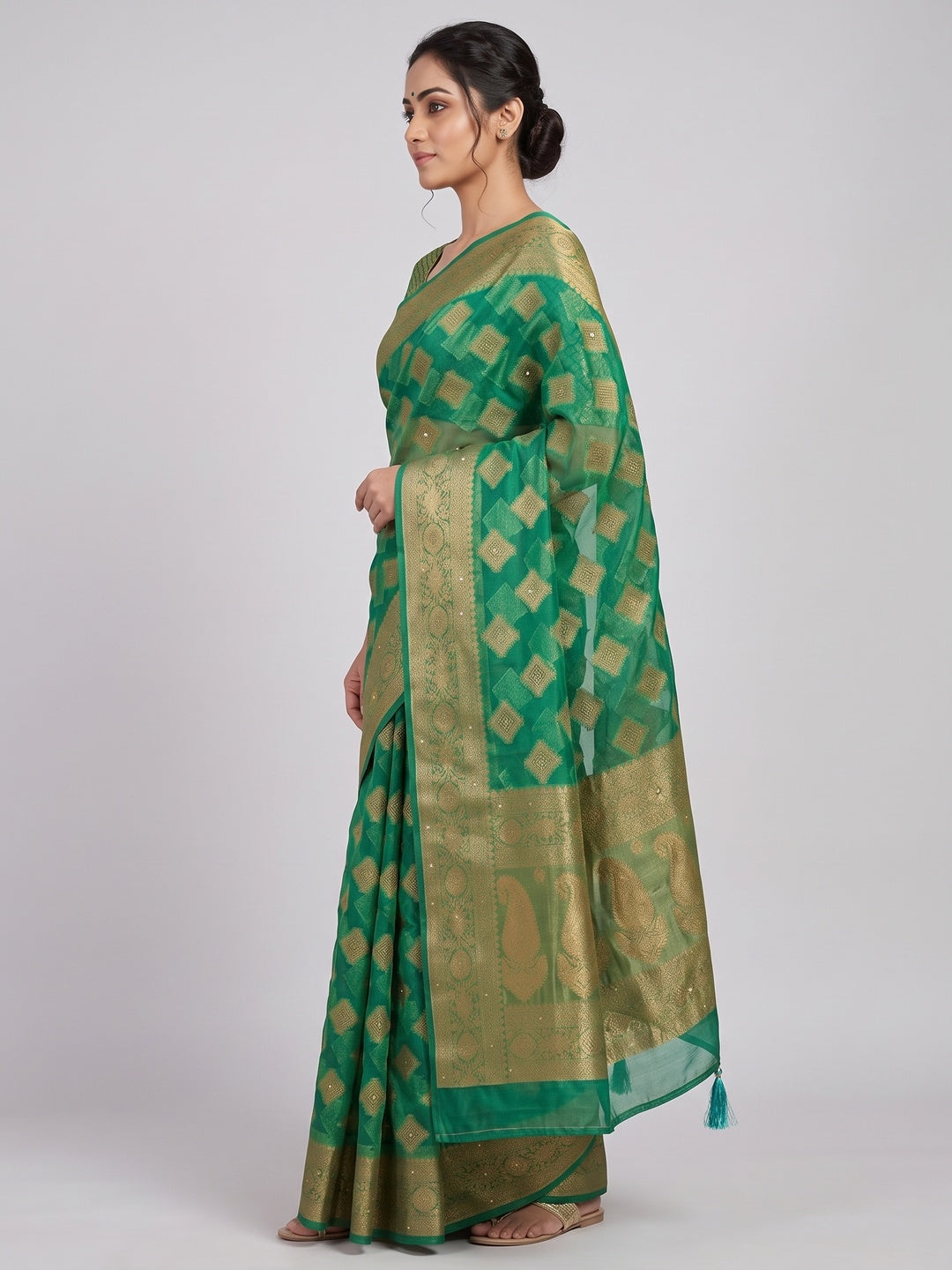 Green Woven With Stonework Organza Jacquard Saree - Image 3
