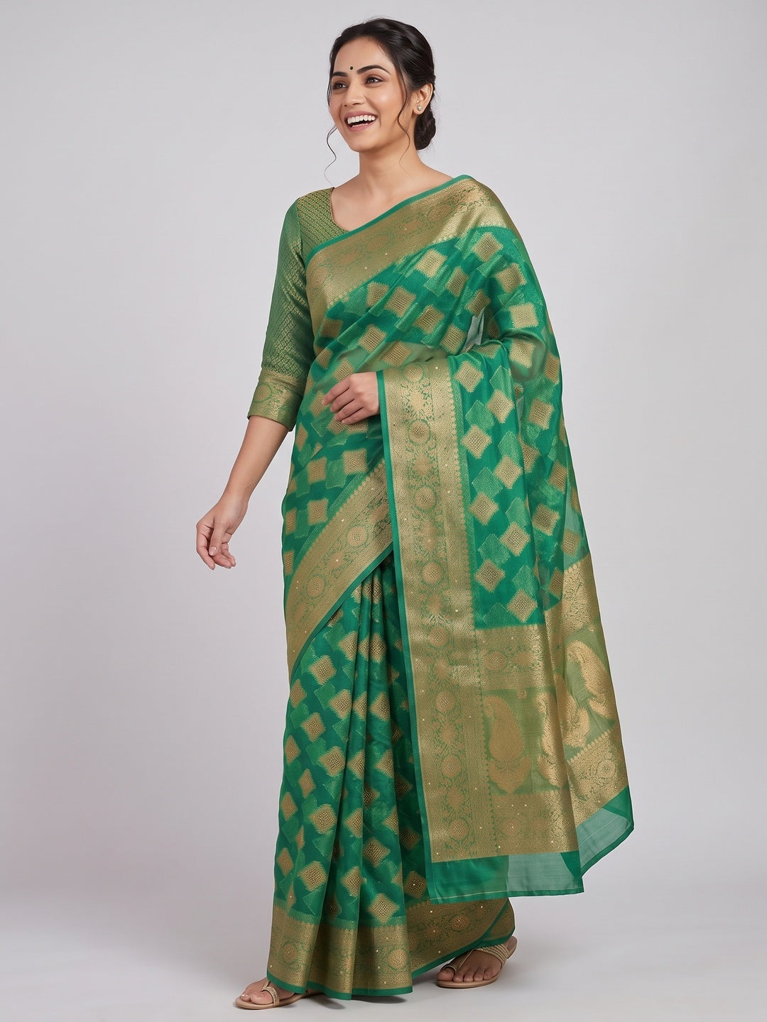 Green Woven With Stonework Organza Jacquard Saree - Image 4