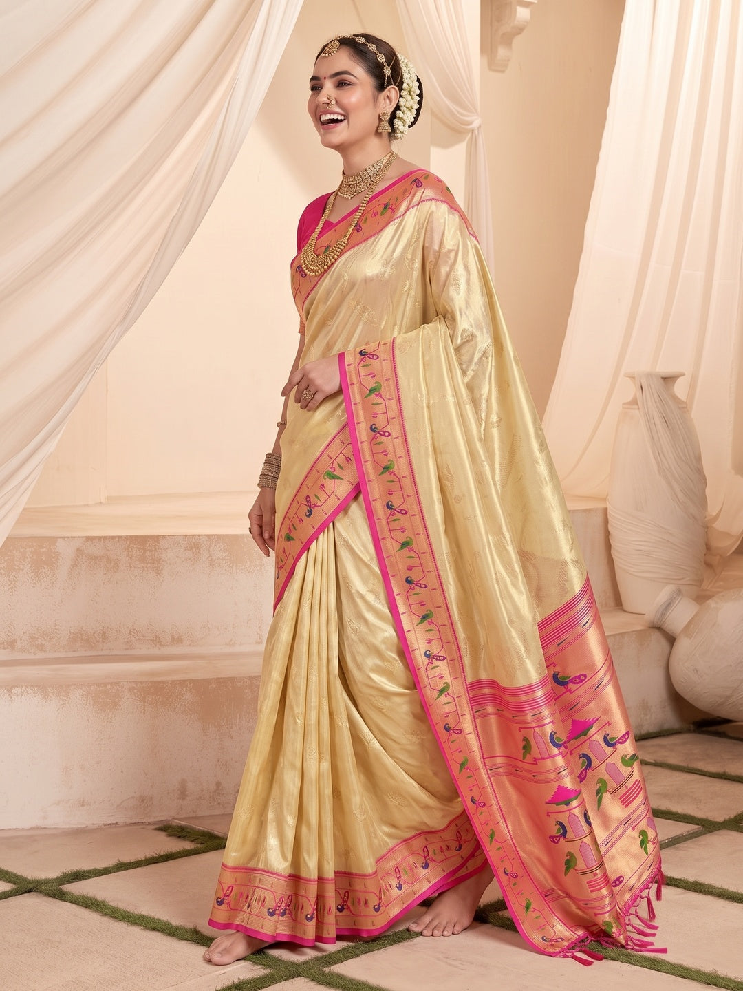 Beige Woven Tissue Paithani Saree With Tassels - Image 5