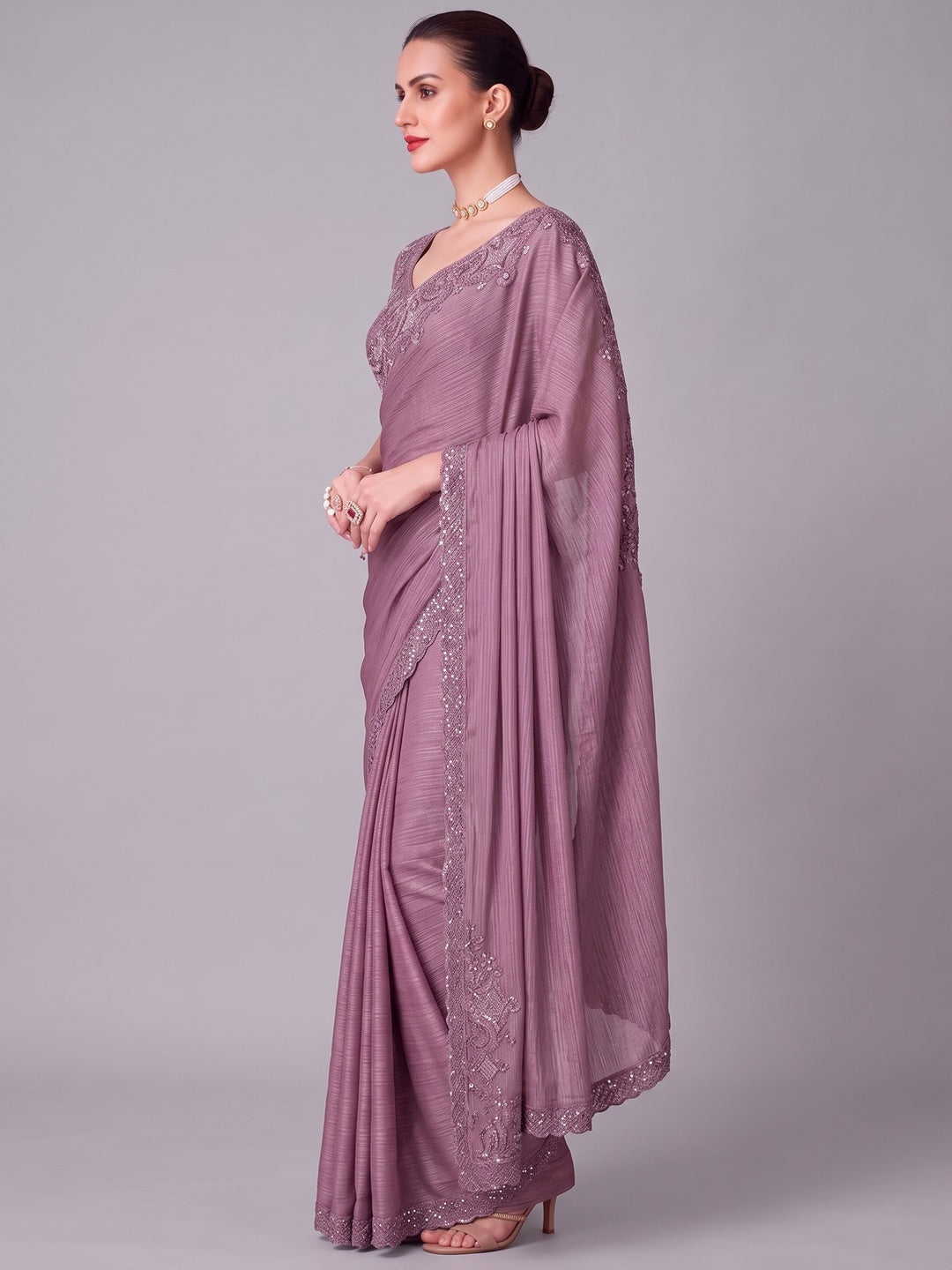 Mauve Sequins Embroidered Satin Saree - Image 3