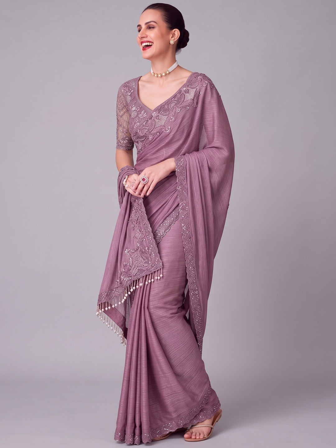 Mauve Sequins Embroidered Satin Saree - Image 4