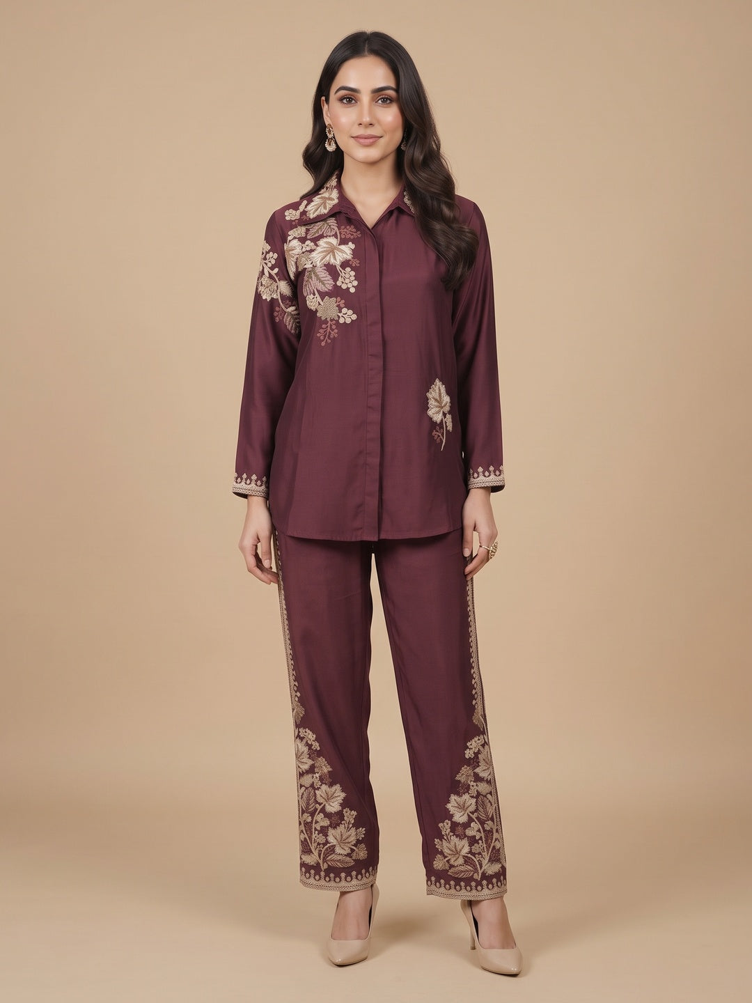 Gorgeous Wine Floral Embroidered Chinon Top Bottom Set for Party and Celebration Styling - Image 1
